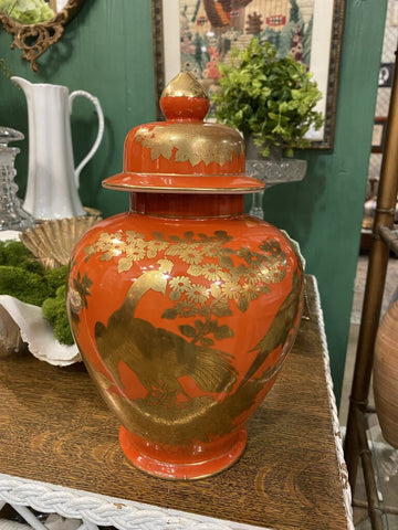 Vintage Orange and Gilt Decorated Ginger Jar 15” x 8”