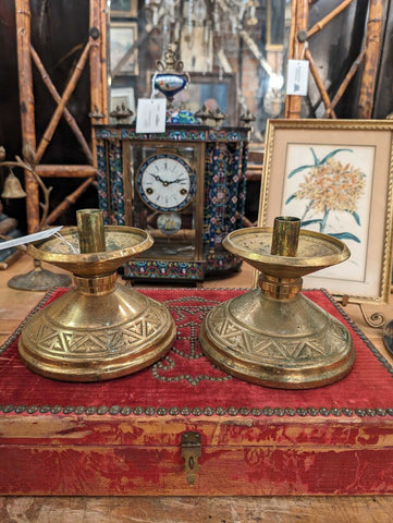 Greek Key brass candlesticks pair