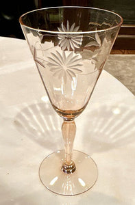 SET OF (6) PINK VINTAGE ETCHED STEMMED WINE GLASSES
