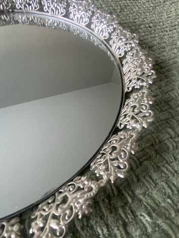 Vintage Silver Filigree Mirrored Tray 16" Diameter